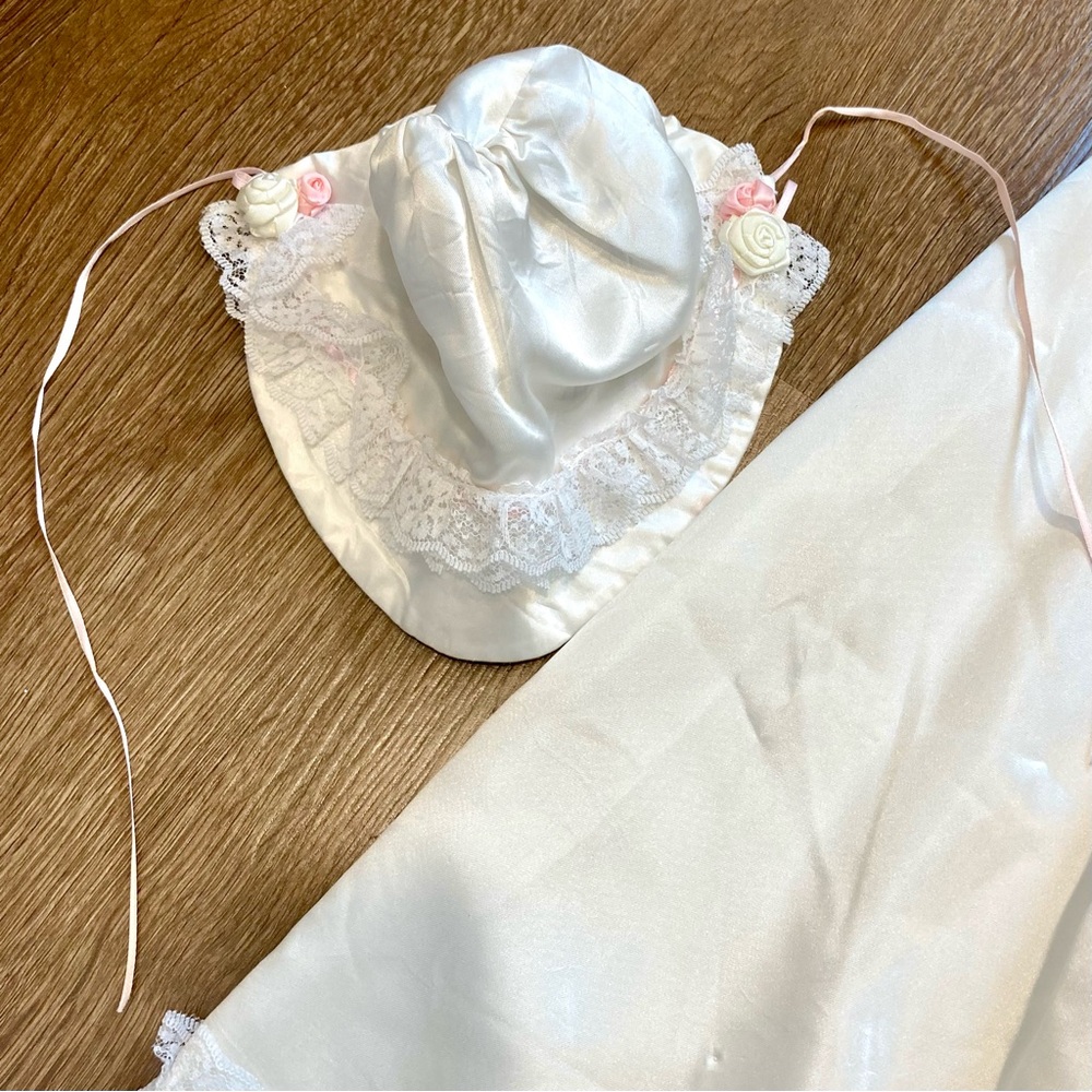 Little Girls Christening Gown Cover & Bonnet with Lace Trim Pink Rose Accents - Picture 11 of 14